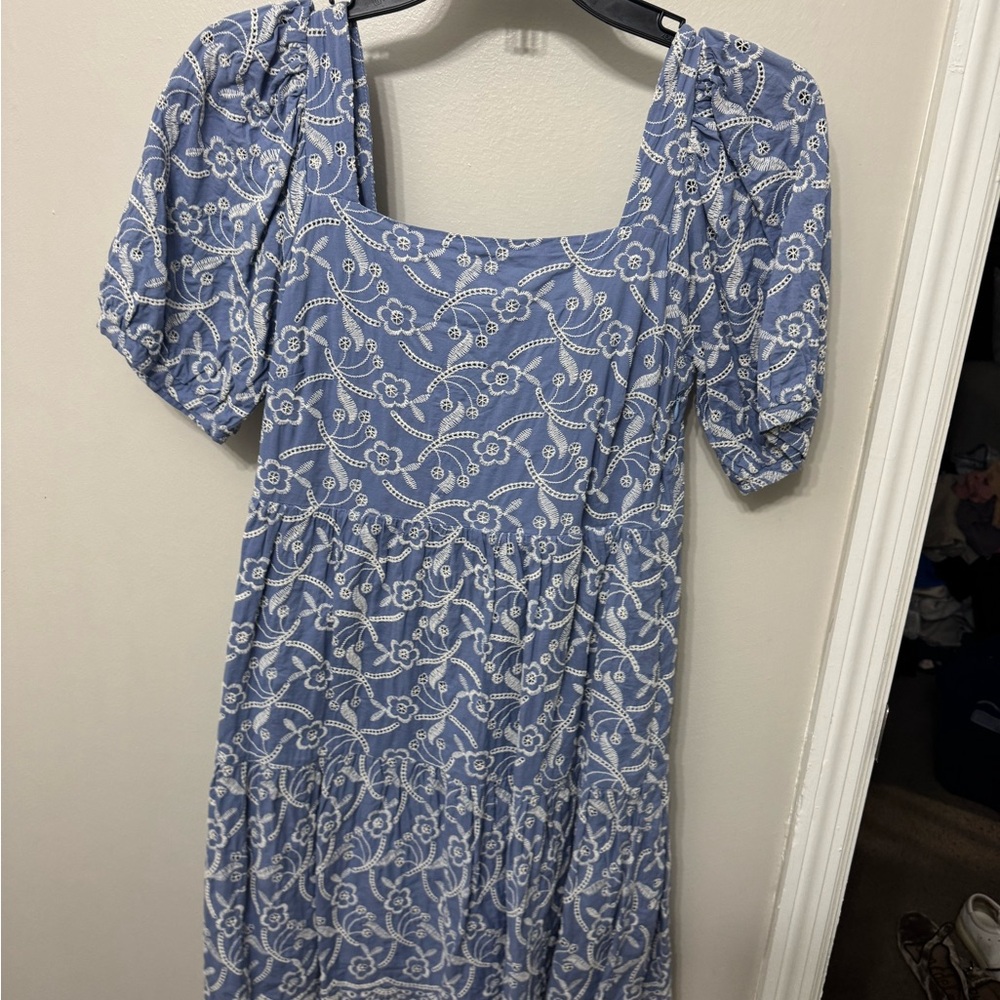 Blue Floral Square-Neck Midi Dress